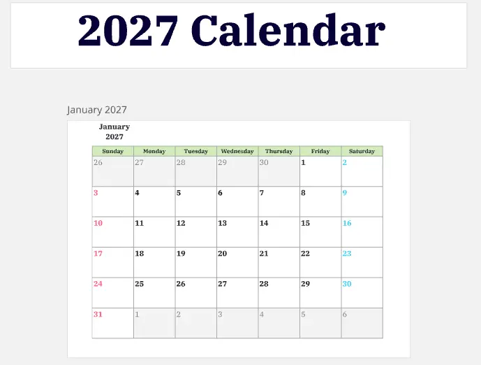 2027 Calendar