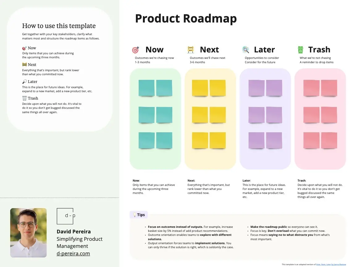 Template cover of Product Roadmap (Now, Next, Later, Trash)