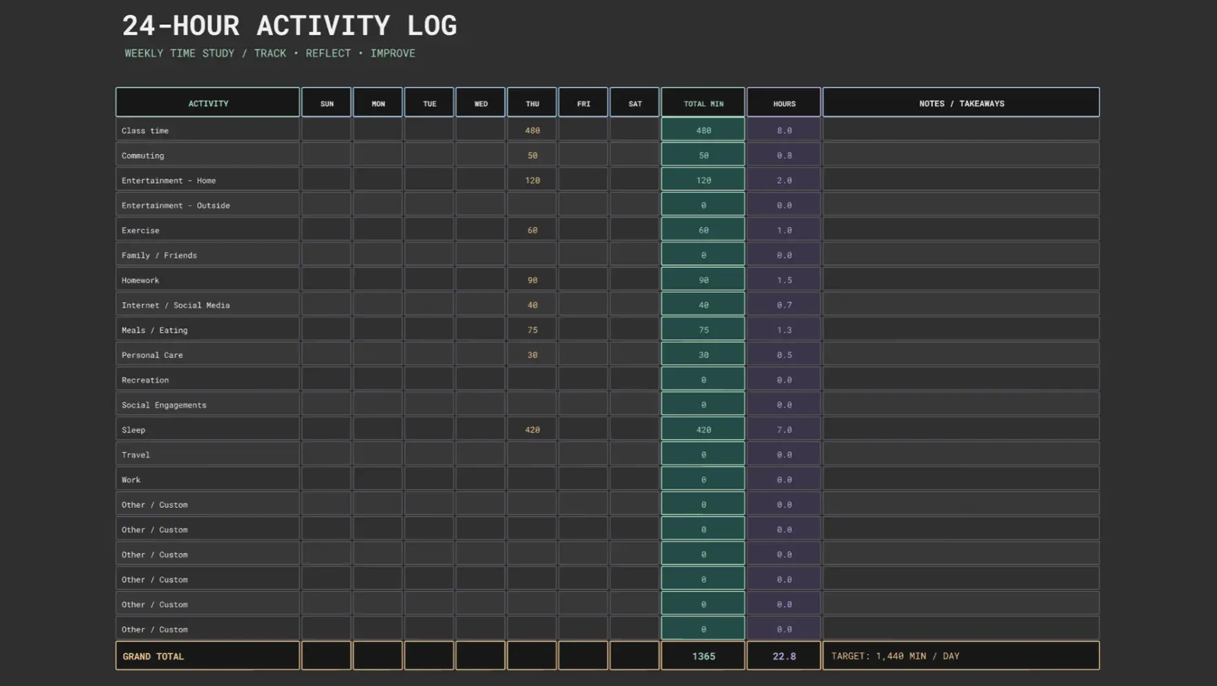 24-Hour Activity Log Time Management