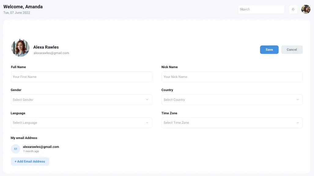 UI da Página de Configurações de Perfil